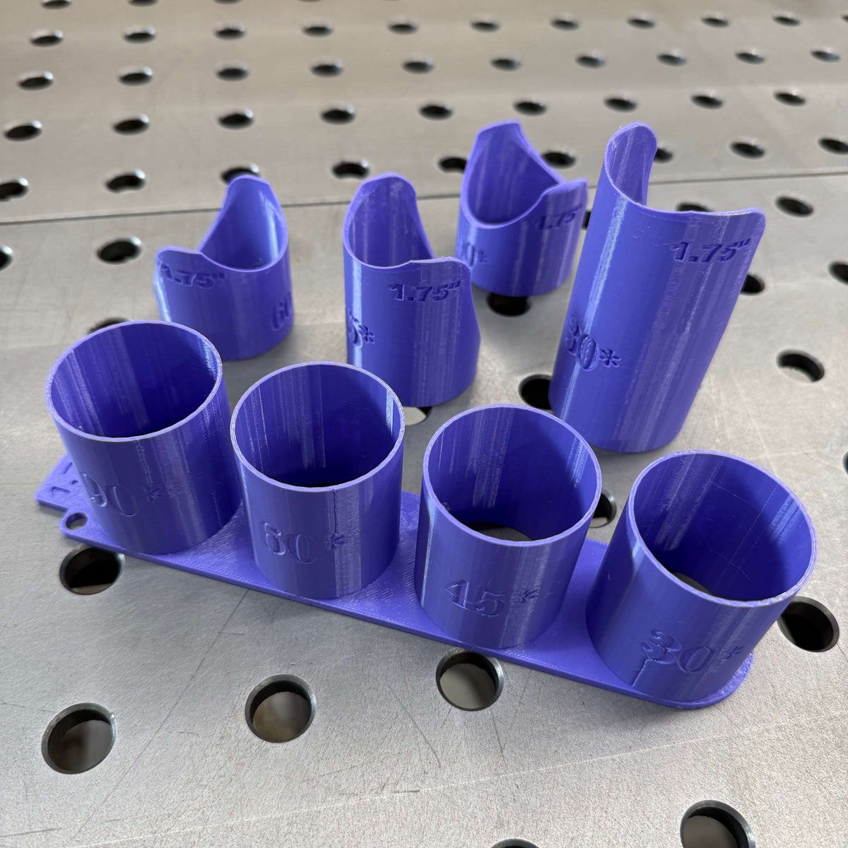 Single size tube notching templates in blue front angled
